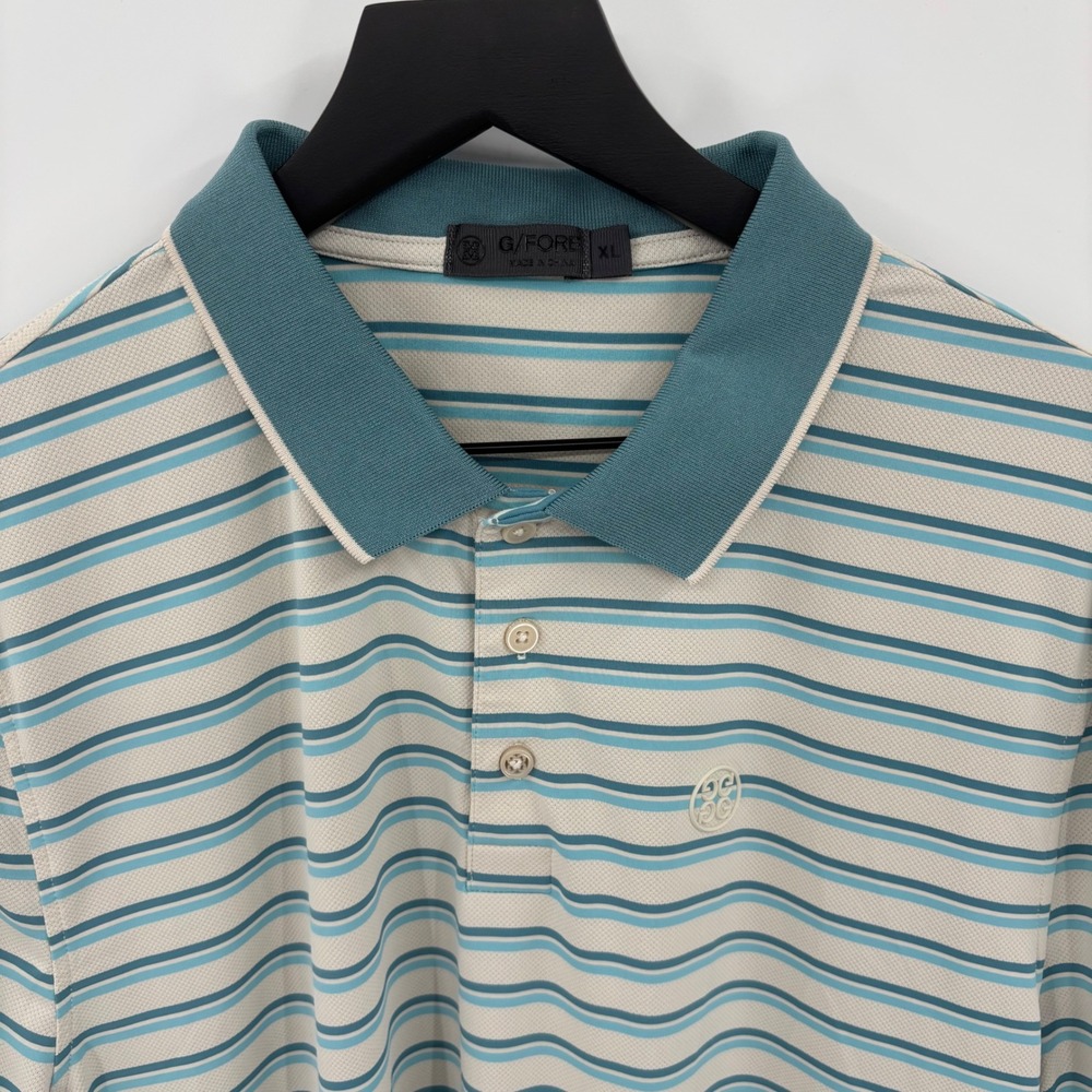 G/FORE Polo Shirt Mens XL Blue Teal Striped Performance‎ Golf Logo Short Sleeve